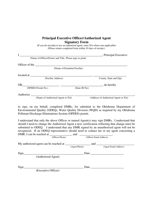 Principal Executive Officer / Authorized Agent Signatory Form - Oklahoma Download Pdf