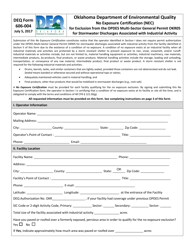 DEQ Form 606-004 &quot;No Exposure Certification (Nec) for Exclusion From the Pdes Multi-Sector General Permit Okr05 for Stormwater Discharges Associated With Industrial Activity&quot; - Oklahoma