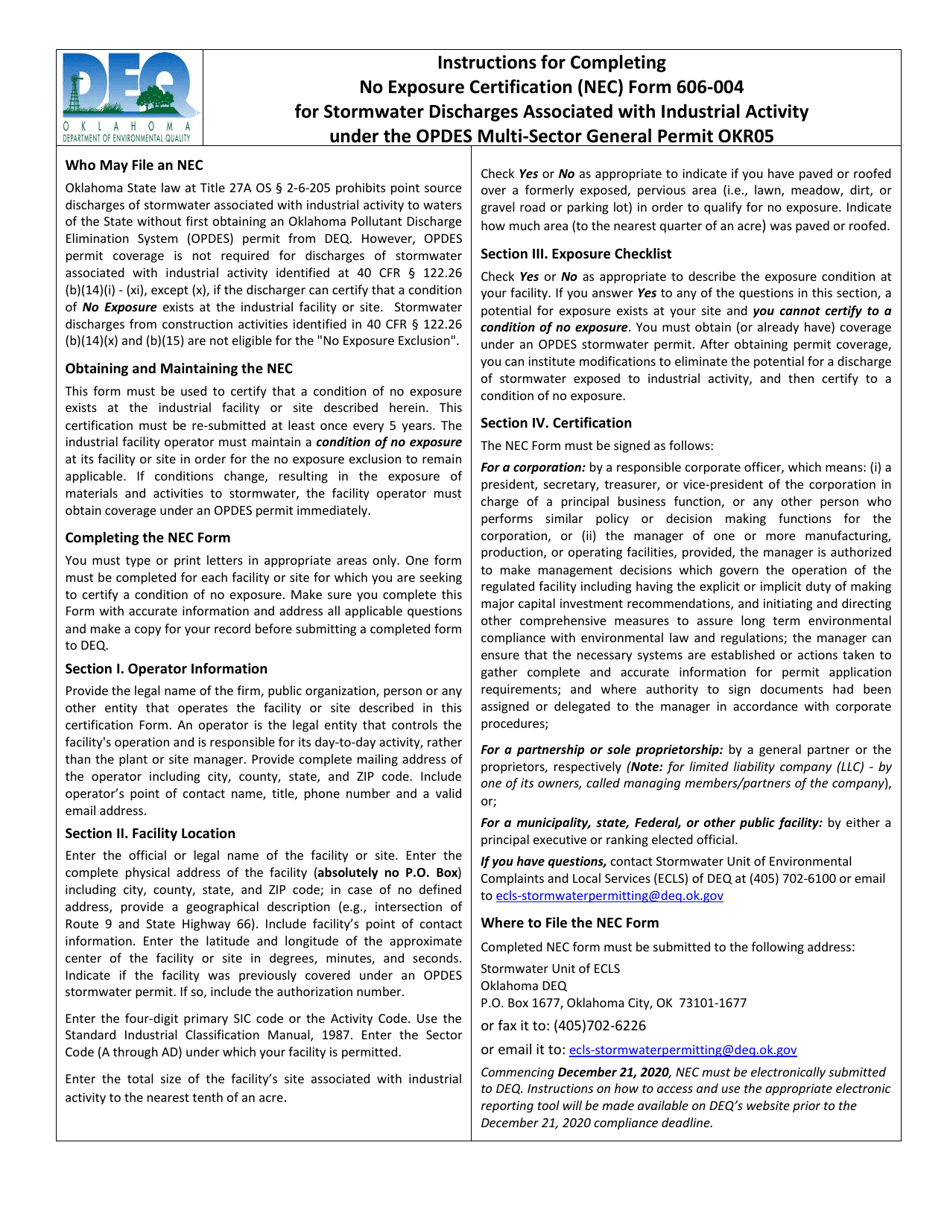 DEQ Form 606-004 No Exposure Certification (Nec) for Exclusion From the Pdes Multi-Sector General Permit Okr05 for Stormwater Discharges Associated With Industrial Activity - Oklahoma, Page 3
