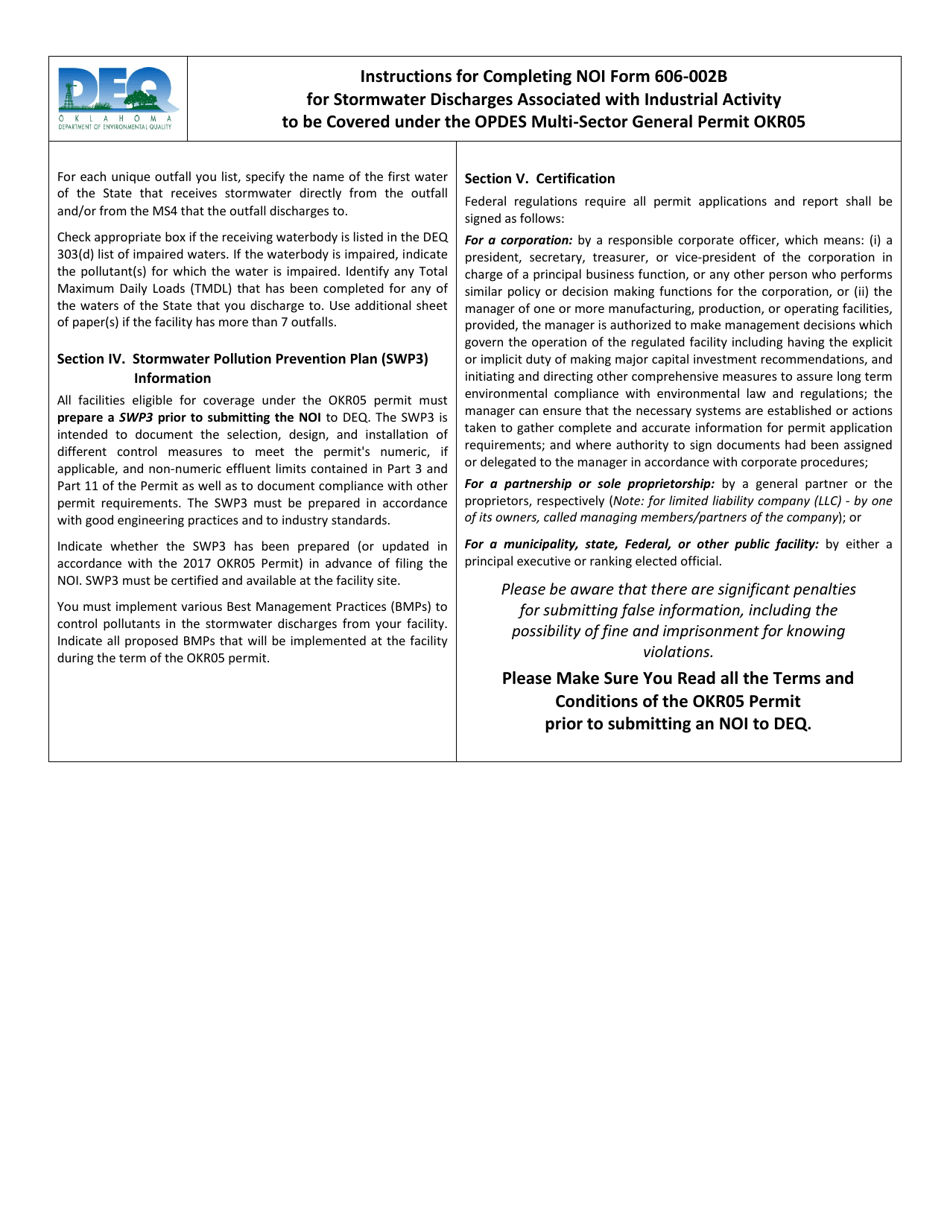 DEQ Form 606-0028 Notice of Intent (Noi) for Stormwater Discharges Associated With Industrial Activity Under the Opdes Multi-Sector General Permit Okr05 - Oklahoma, Page 4