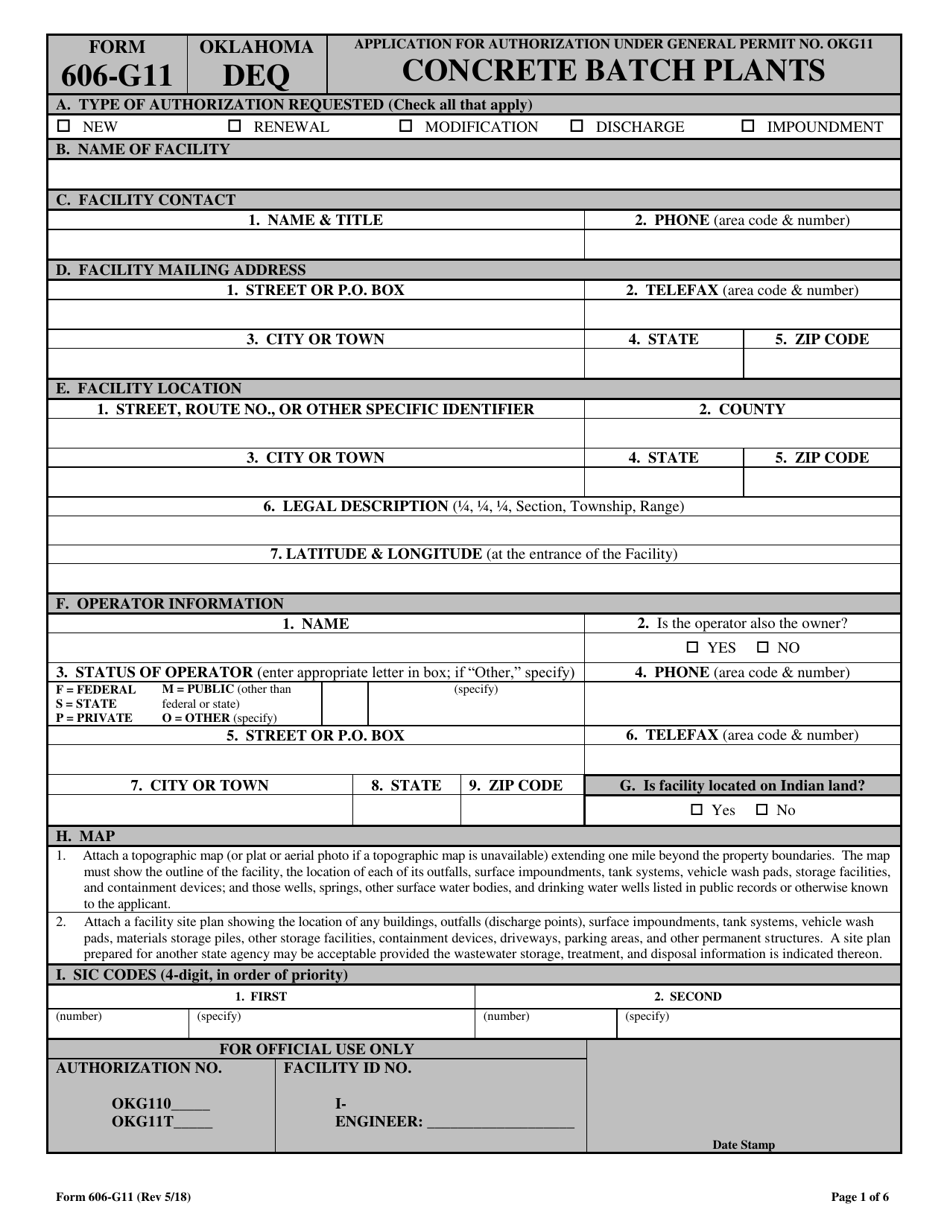 DEQ Form 606-G11 Application for Authorization Under General Permit No. Okg11 Concrete Batch Plants - Oklahoma, Page 1
