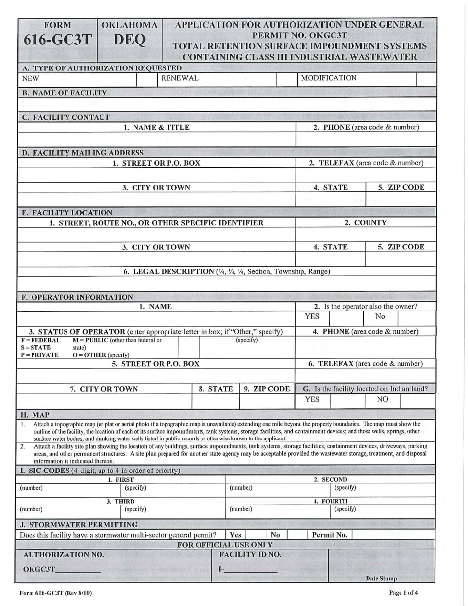 DEQ Form 616-GC3T Application for Authorization Under General Permit Okgc3t - Total Retention Surface Impoundment Systems Containing Class Iii Industrial Wastewater - Oklahoma, Page 1