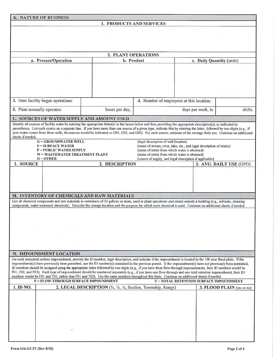 DEQ Form 616-GC3T Application for Authorization Under General Permit Okgc3t - Total Retention Surface Impoundment Systems Containing Class Iii Industrial Wastewater - Oklahoma, Page 2