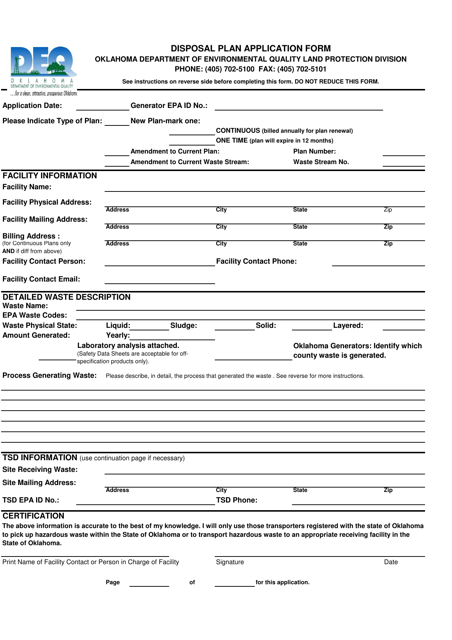 Disposal Plan Application Form - Oklahoma