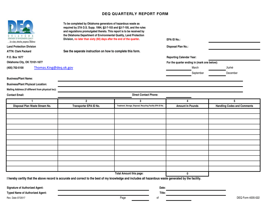 DEQ Form 205-022 DEQ Quarterly Report Form - Oklahoma, Page 1