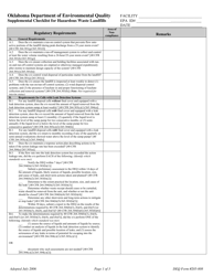 Document preview: DEQ Form 205-008 Supplemental Checklist for Hazardous Waste Landfills - Oklahoma