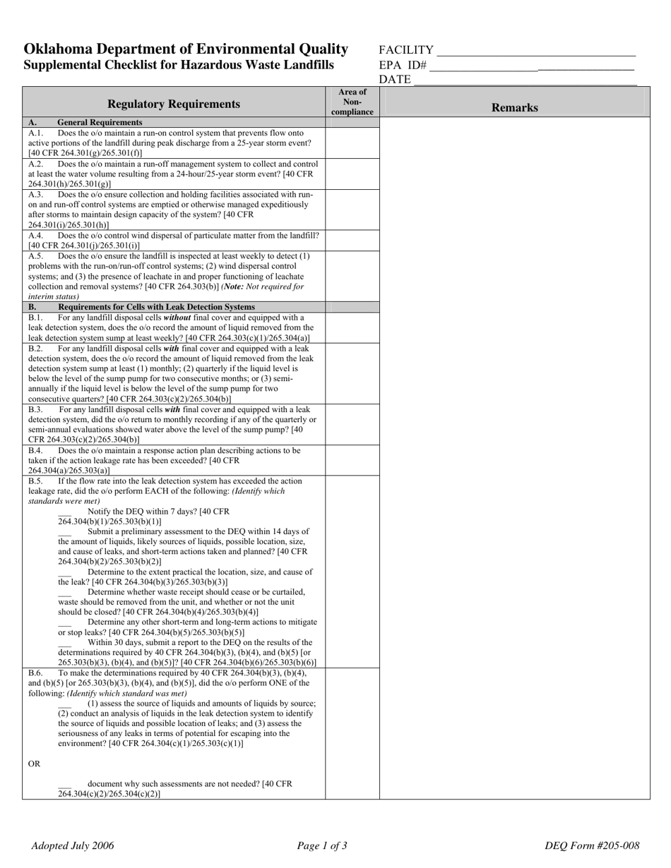 DEQ Form 205-008 Supplemental Checklist for Hazardous Waste Landfills - Oklahoma, Page 1
