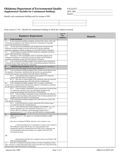DEQ Form 205-010 Supplemental Checklist for Containment Buildings - Oklahoma