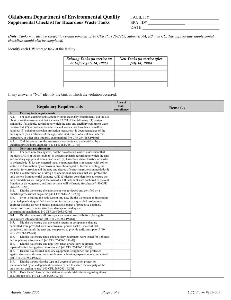 DEQ Form 205-007 Supplemental Checklist for Hazardous Waste Tanks - Oklahoma, Page 1
