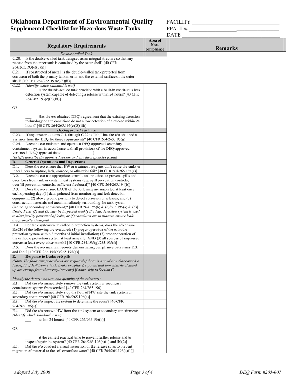 DEQ Form 205-007 Supplemental Checklist for Hazardous Waste Tanks - Oklahoma, Page 3