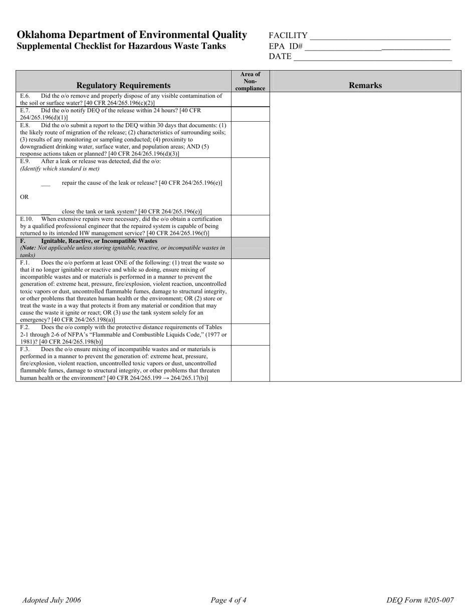 DEQ Form 205-007 Supplemental Checklist for Hazardous Waste Tanks - Oklahoma, Page 4