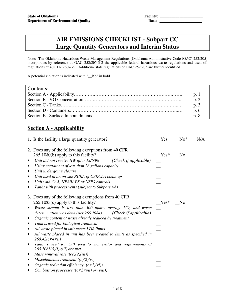Oklahoma Air Emissions Checklist Subpart Cc Large Quantity Generators and Interim Status