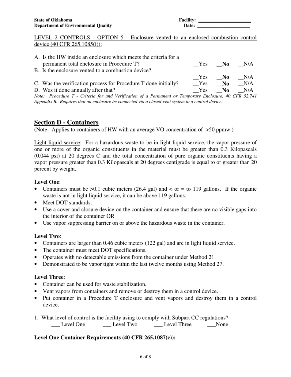 Oklahoma Air Emissions Checklist Subpart Cc Large Quantity Generators and Interim Status