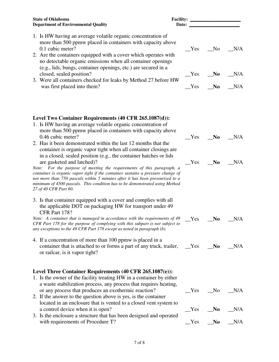 Oklahoma Air Emissions Checklist Subpart Cc Large Quantity Generators and Interim Status