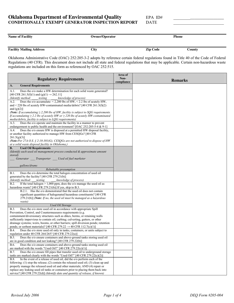 DEQ Form 205-004 Conditionally Exempt Generator Inspection Report - Oklahoma, Page 1