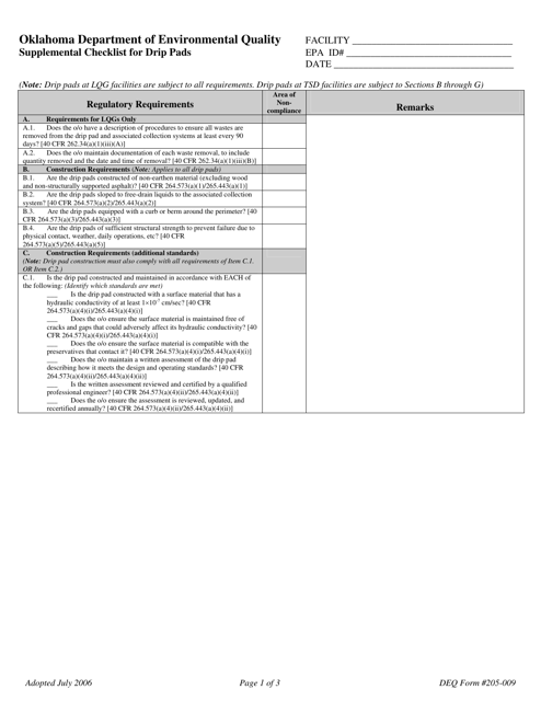 DEQ Form 205-009 Supplemental Checklist for Drip Pads - Oklahoma