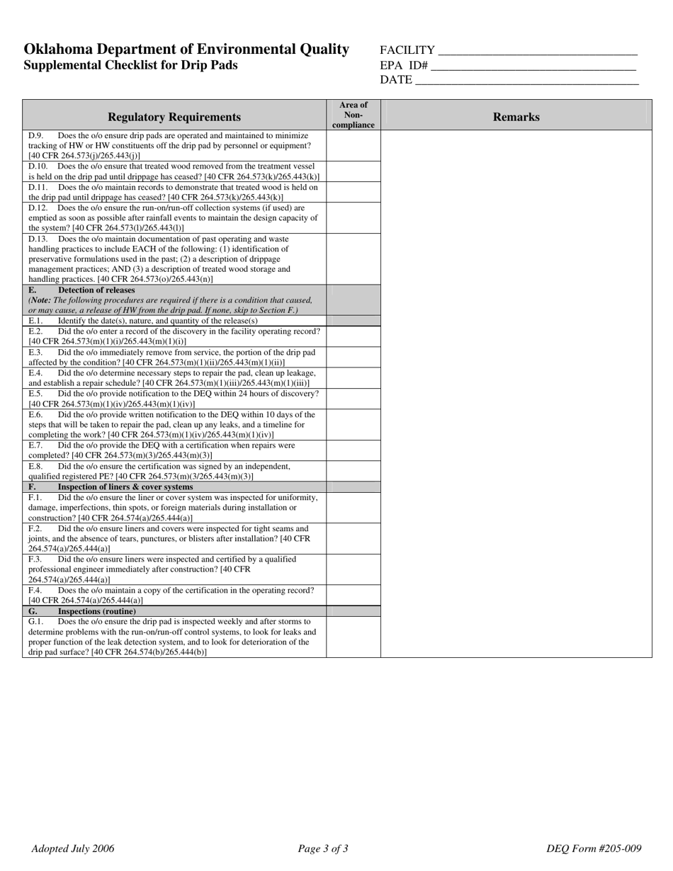 DEQ Form 205-009 Supplemental Checklist for Drip Pads - Oklahoma, Page 3