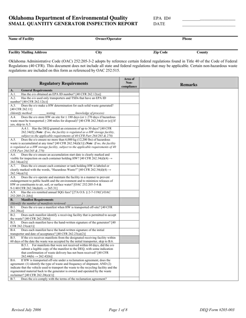 DEQ Form 205-003 Small Quantity Generator Inspection Report - Oklahoma