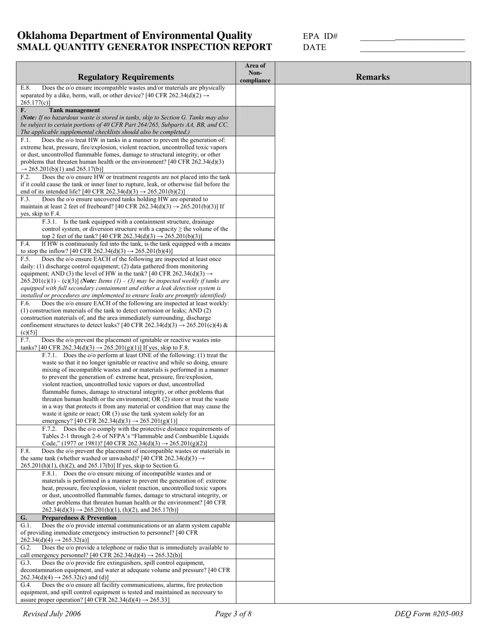 DEQ Form 205-003 Small Quantity Generator Inspection Report - Oklahoma, Page 3