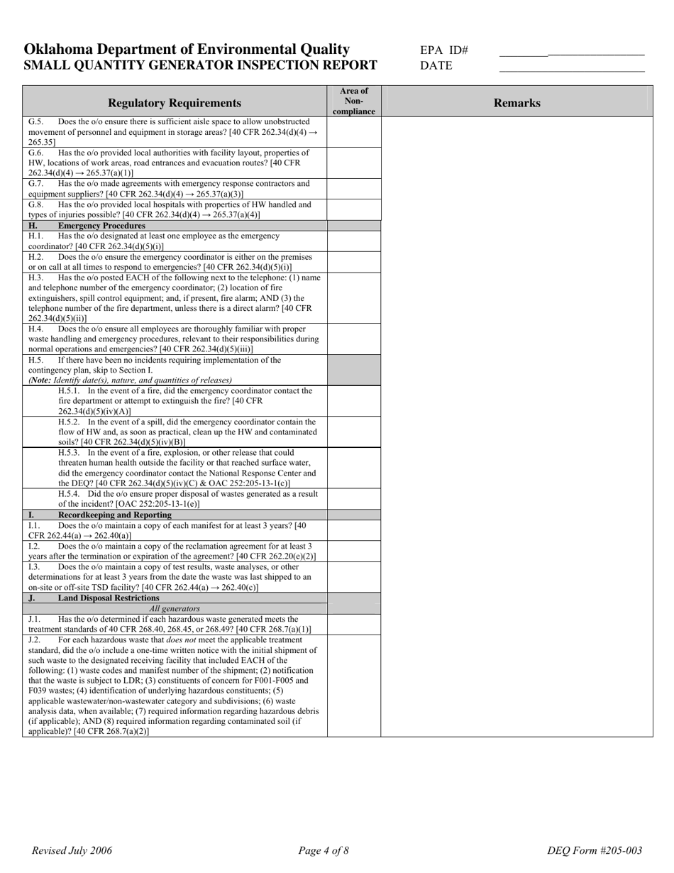 DEQ Form 205-003 Small Quantity Generator Inspection Report - Oklahoma, Page 4