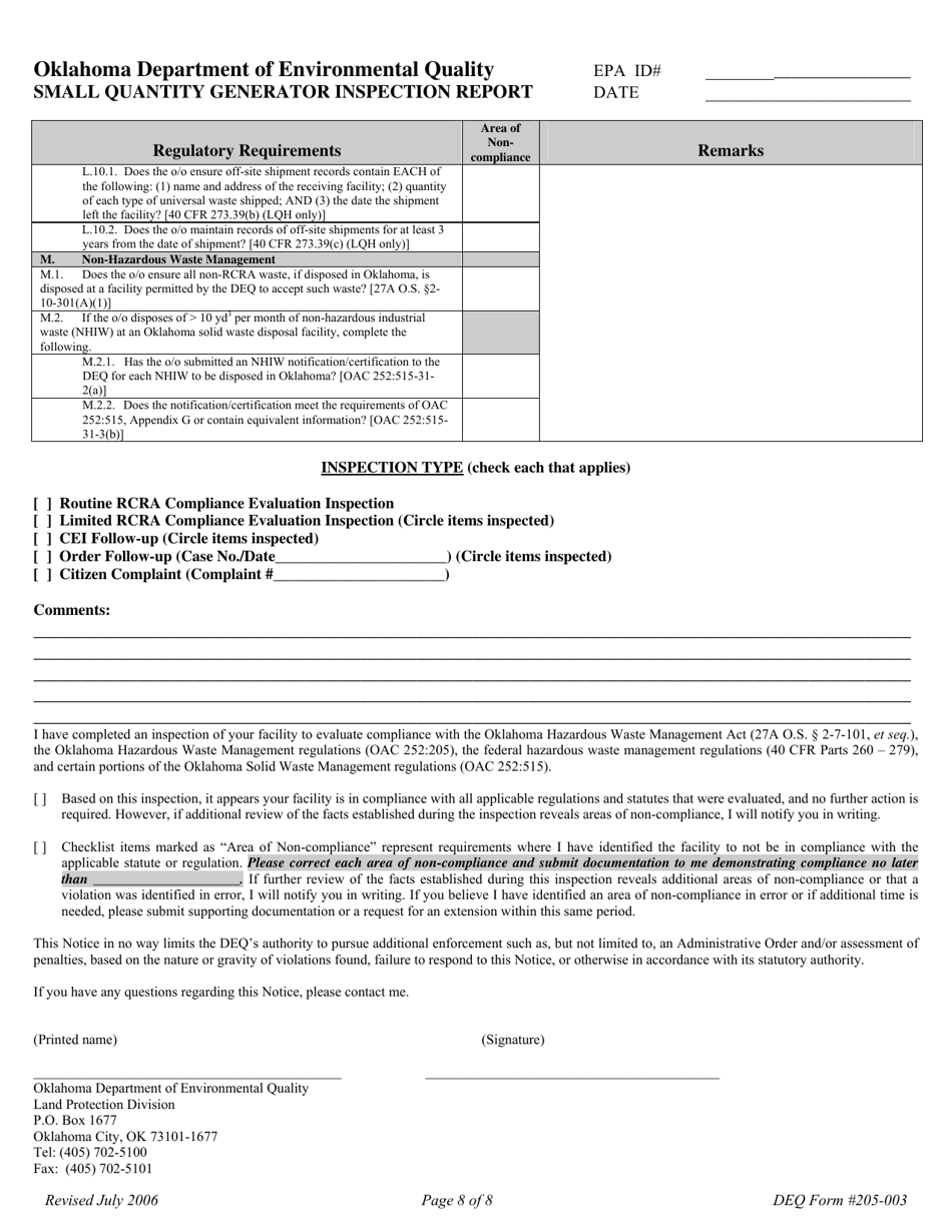 DEQ Form 205-003 Small Quantity Generator Inspection Report - Oklahoma, Page 8