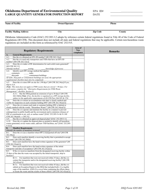 DEQ Form 205-002 Large Quantity Generator Inspection Report - Oklahoma