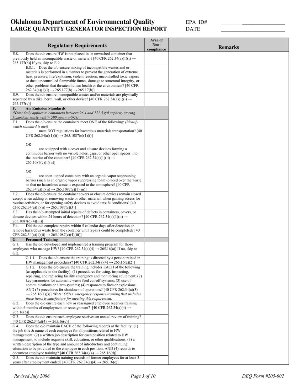 DEQ Form 205-002 Large Quantity Generator Inspection Report - Oklahoma, Page 3