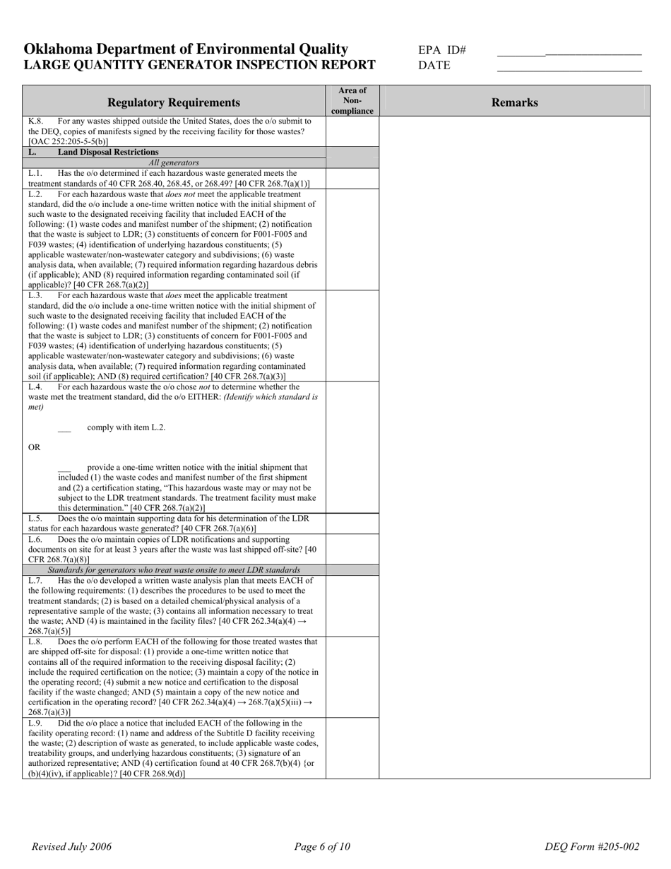 DEQ Form 205-002 Large Quantity Generator Inspection Report - Oklahoma, Page 6