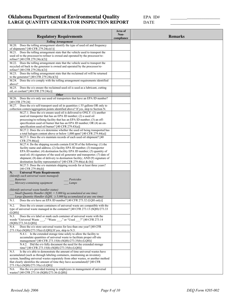 DEQ Form 205-002 Large Quantity Generator Inspection Report - Oklahoma, Page 8