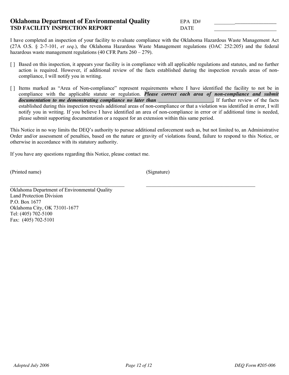 DEQ Form 205-006 Tsd Facility Inspection Report - Oklahoma, Page 12