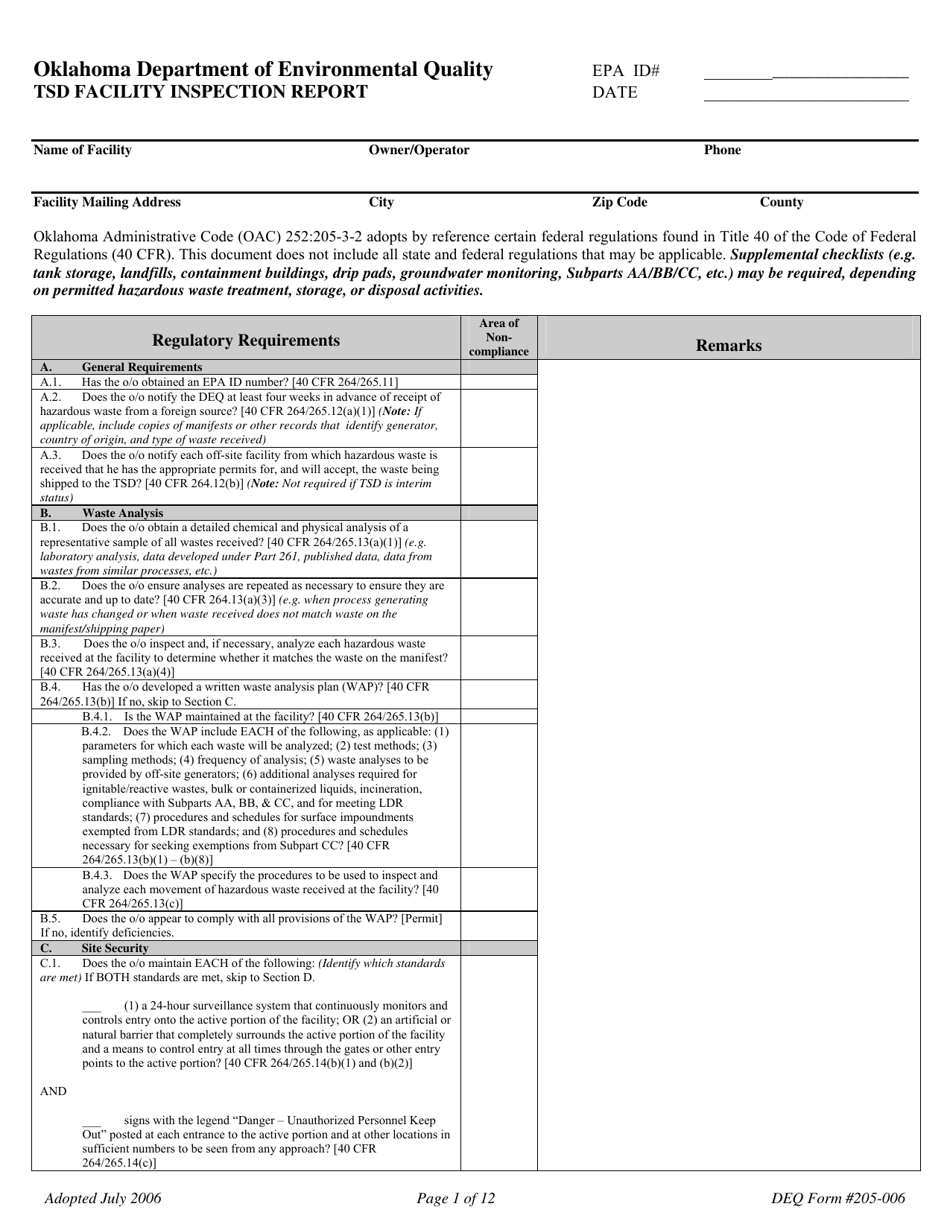 DEQ Form 205-006 Tsd Facility Inspection Report - Oklahoma, Page 1