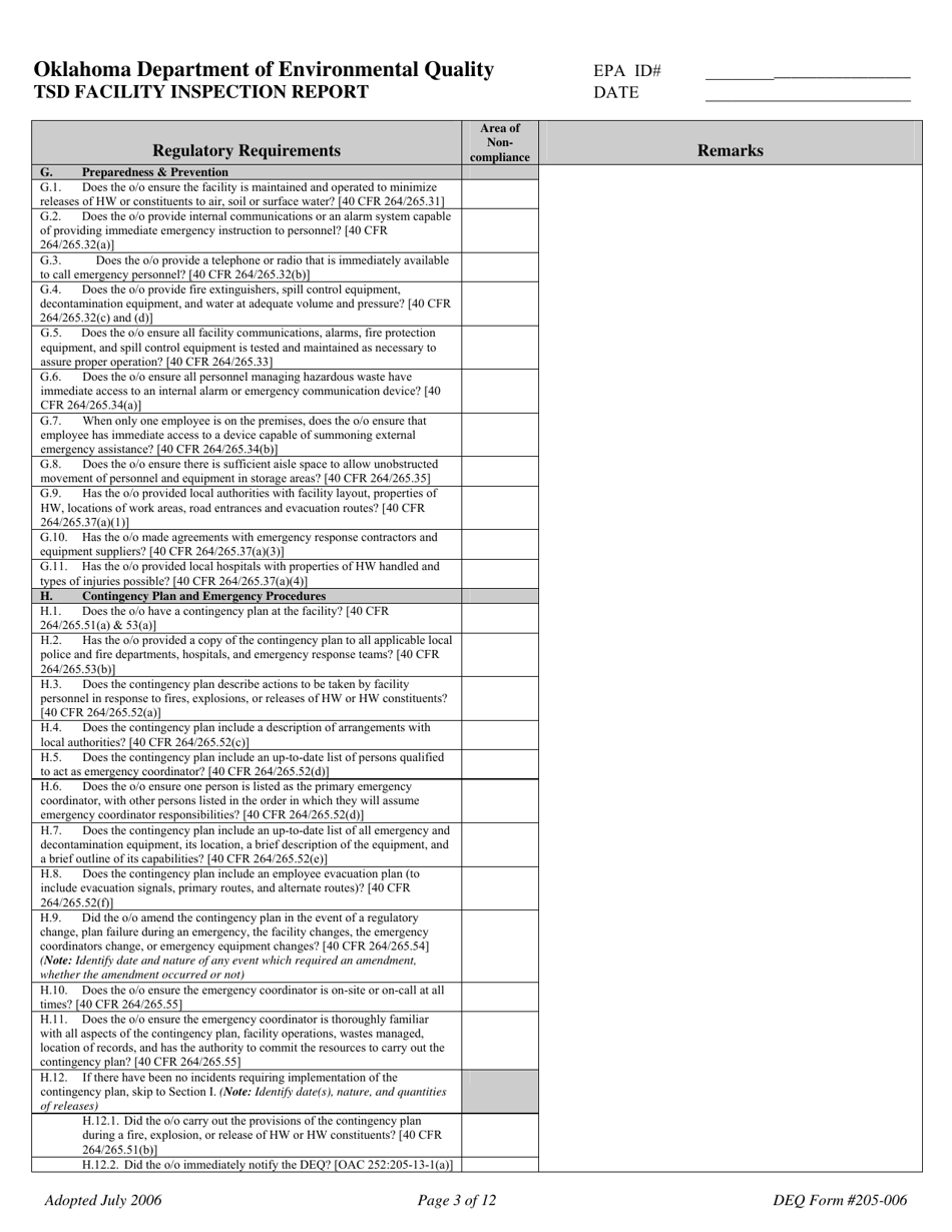 DEQ Form 205-006 Tsd Facility Inspection Report - Oklahoma, Page 3