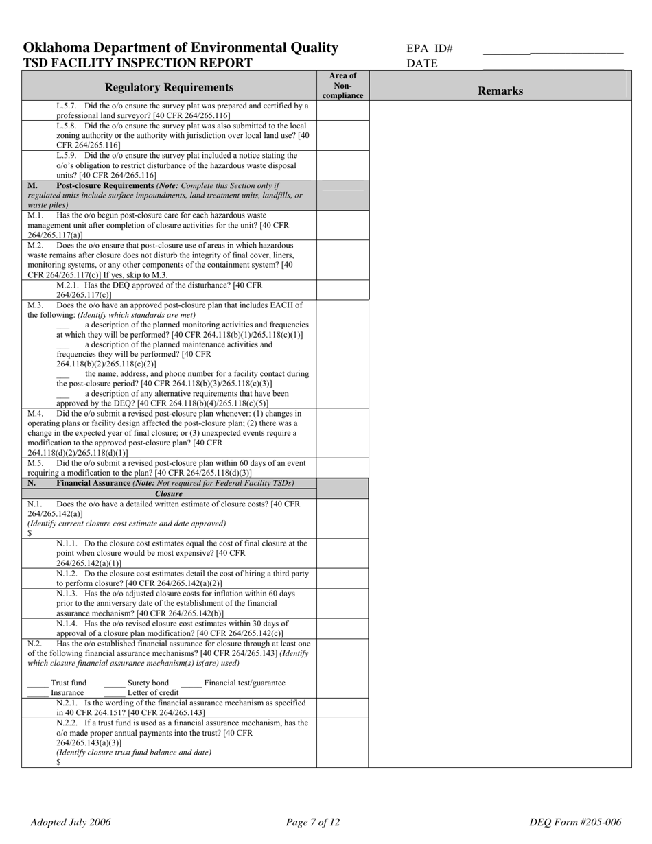 DEQ Form 205-006 Tsd Facility Inspection Report - Oklahoma, Page 7