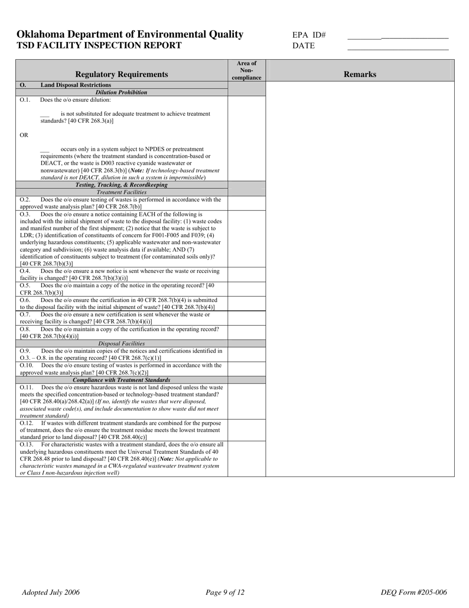 DEQ Form 205-006 Tsd Facility Inspection Report - Oklahoma, Page 9
