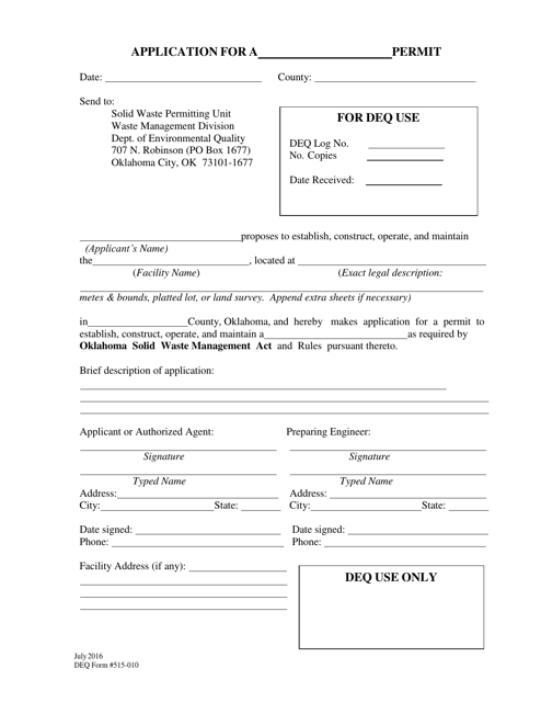 DEQ Form 515-010 Solid Waste Permit Application - Oklahoma