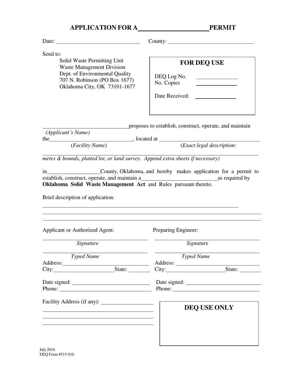 DEQ Form 515-010 Solid Waste Permit Application - Oklahoma, Page 1