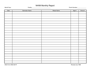 Document preview: DEQ Form 520-821R Nhiw Monthly Report - Oklahoma