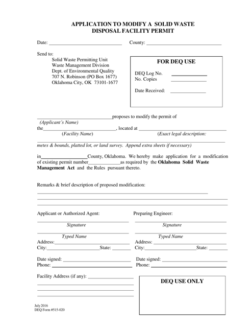 DEQ Form 515-020  Printable Pdf