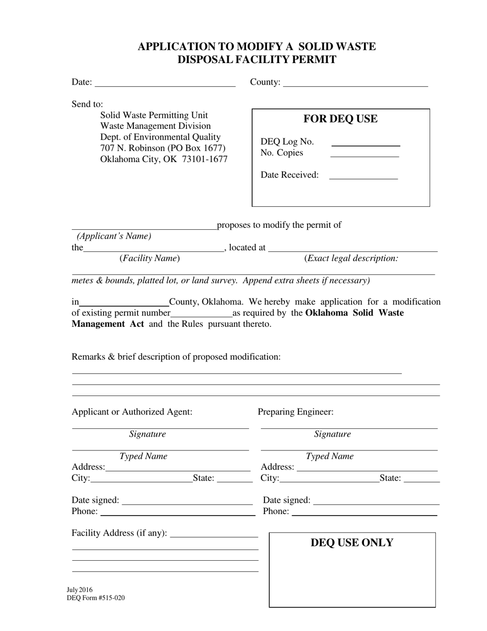 DEQ Form 515-020 Solid Waste Permit Modification Application - Oklahoma, Page 1