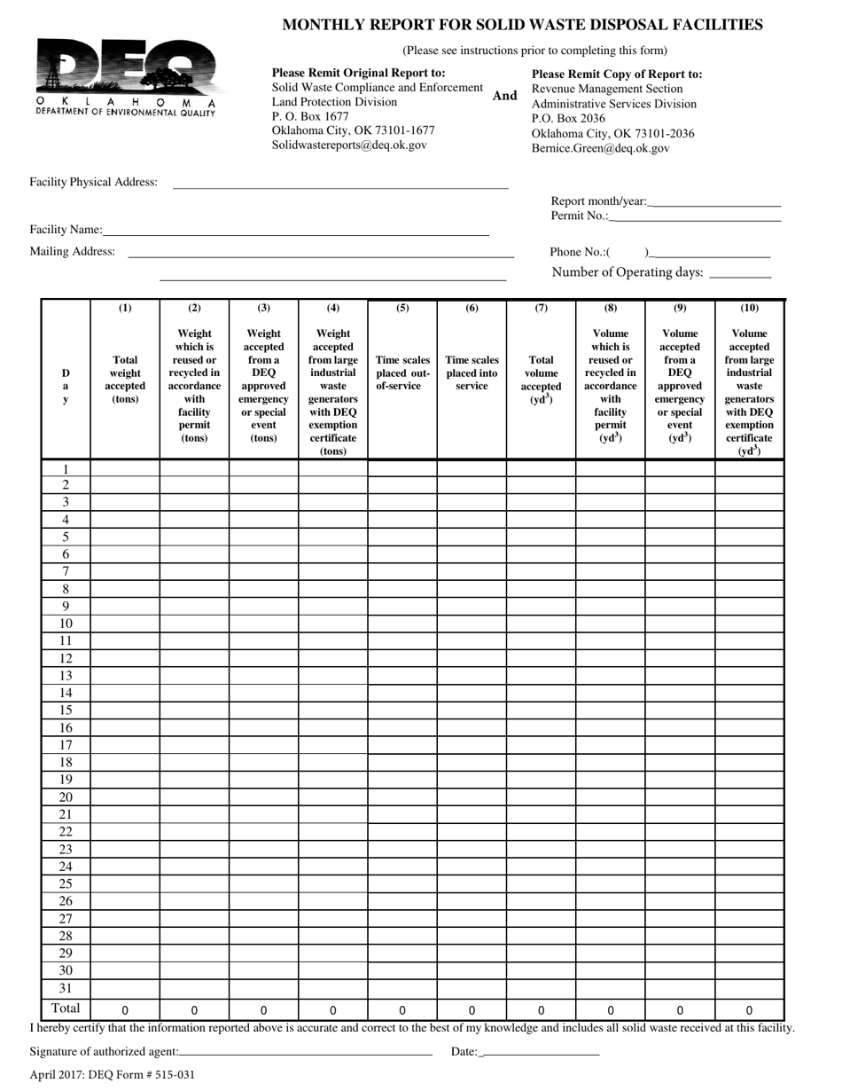DEQ Form 515-031 Monthly Report for Solid Waste Disposal Facilities - Oklahoma, Page 1