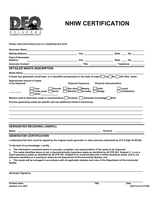 DEQ Form 515-860 Nhiw Certification - Oklahoma