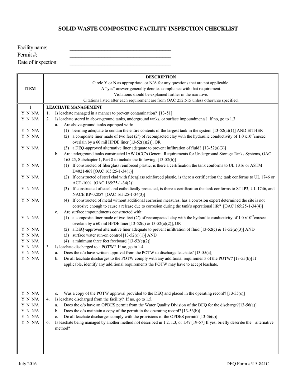 DEQ Form 515-841C Solid Waste Composting Facility Inspection Checklist - Oklahoma, Page 1