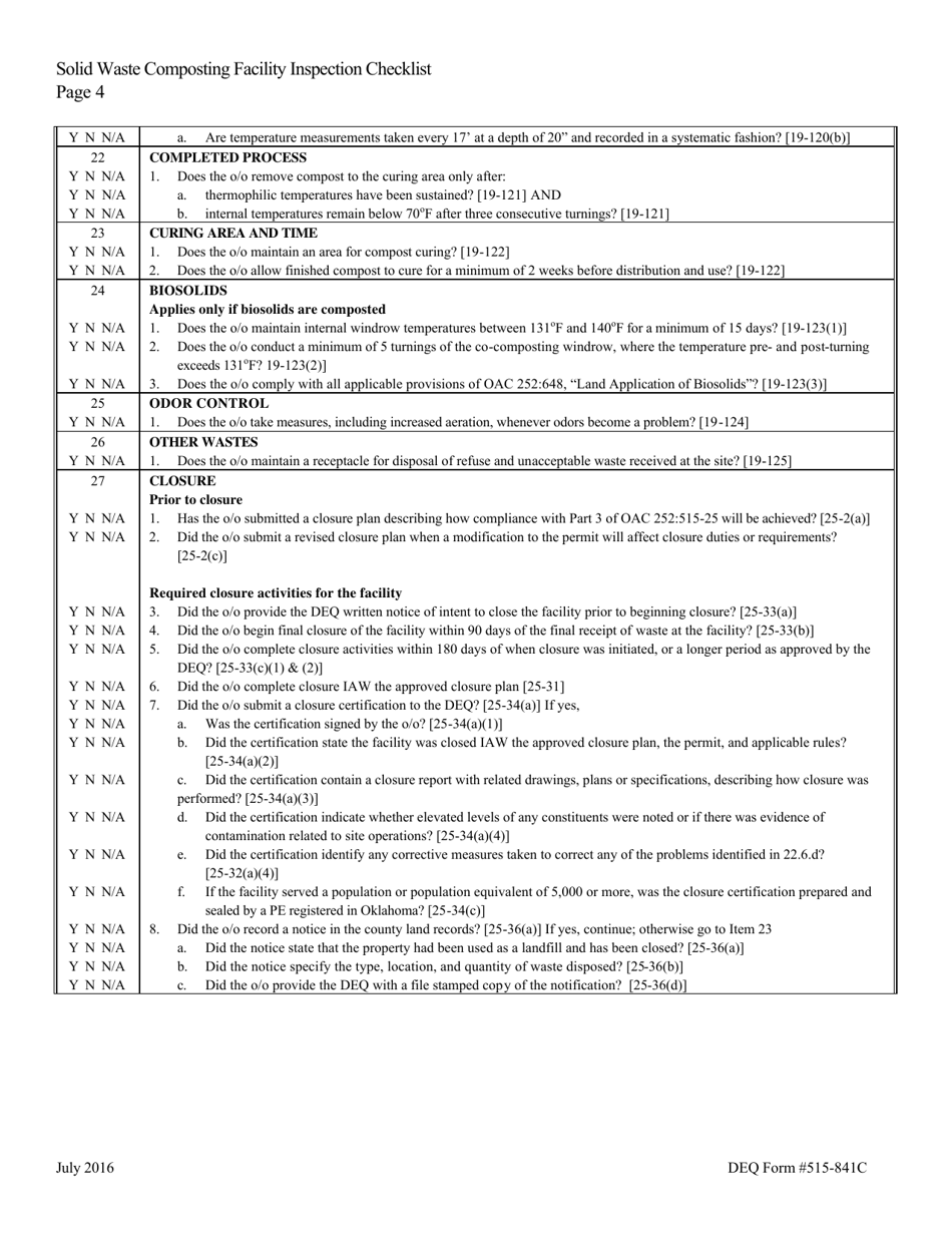 DEQ Form 515-841C Solid Waste Composting Facility Inspection Checklist - Oklahoma, Page 4