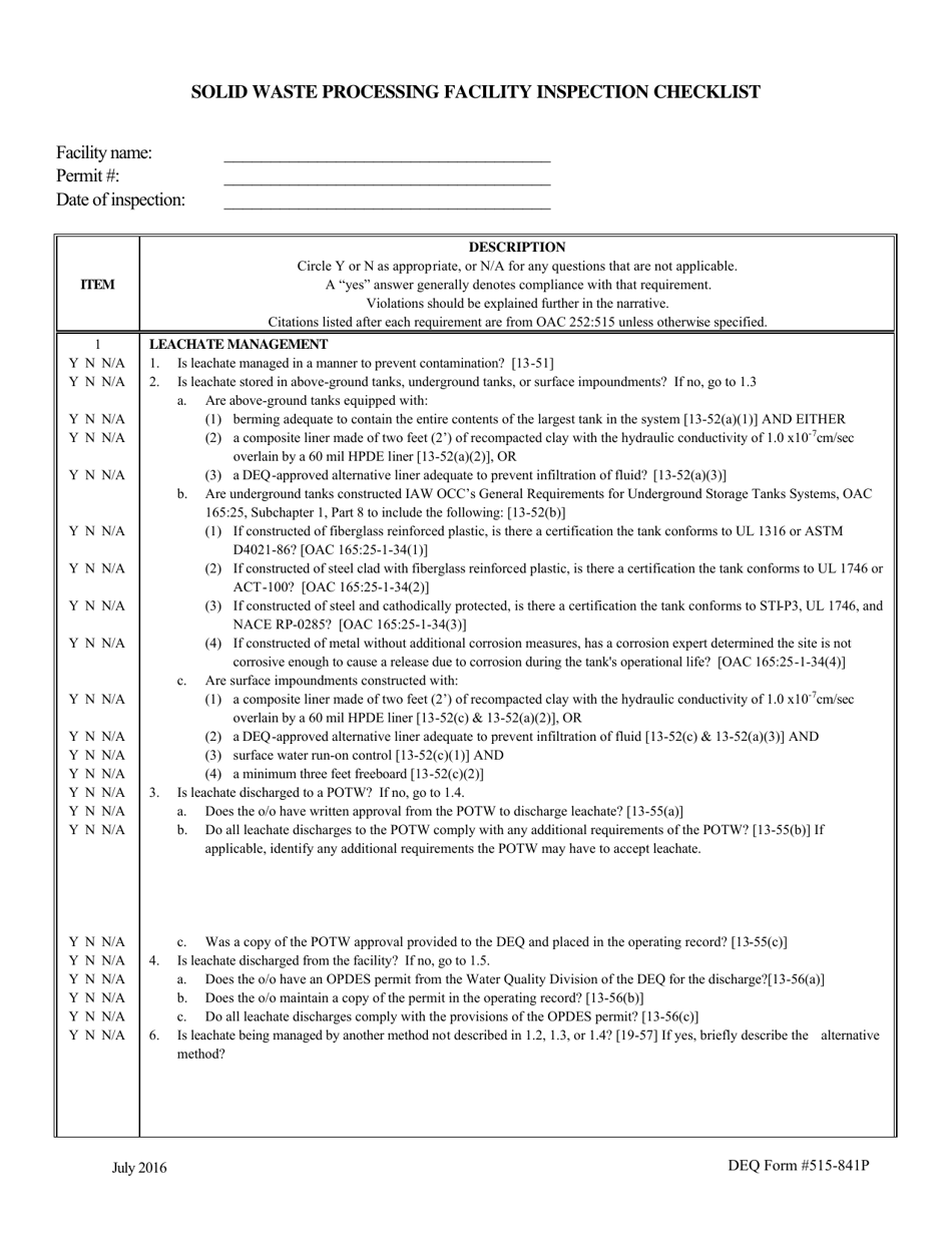 DEQ Form 515-841P Solid Waste Processing Facility Inspection Checklist - Oklahoma, Page 1