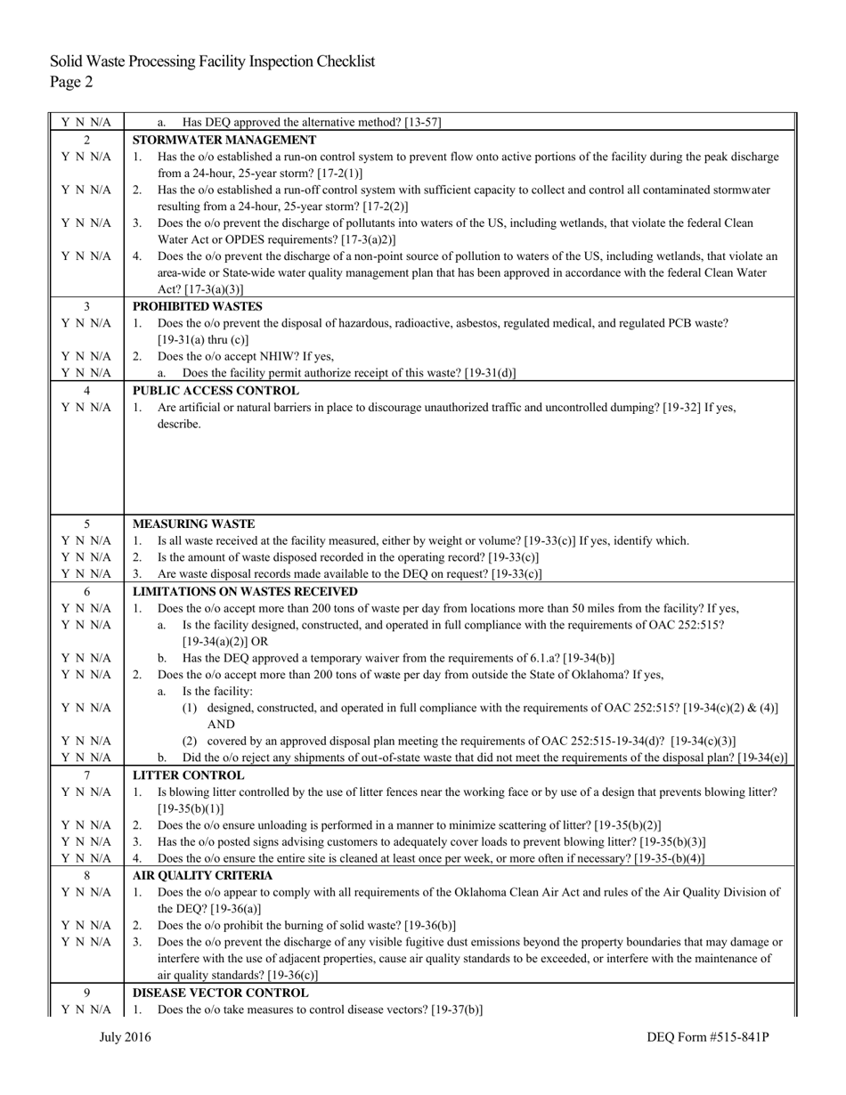 DEQ Form 515-841P Solid Waste Processing Facility Inspection Checklist - Oklahoma, Page 2