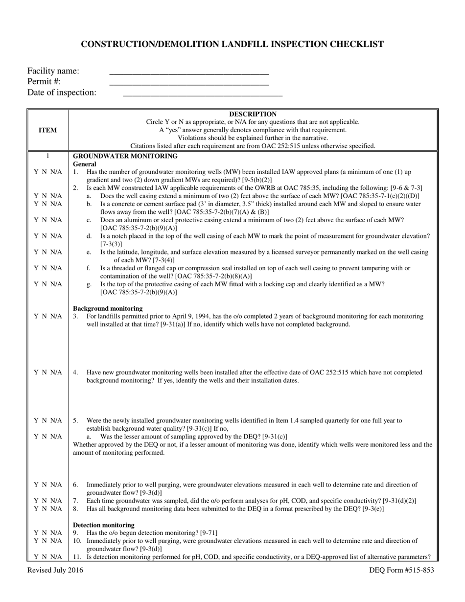 DEQ Form 515-853 Construction / Demolition Landfill Inspection Checklist - Oklahoma, Page 1
