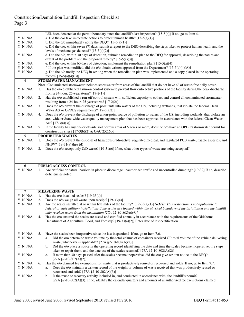 DEQ Form 515-853 Construction / Demolition Landfill Inspection Checklist - Oklahoma, Page 3