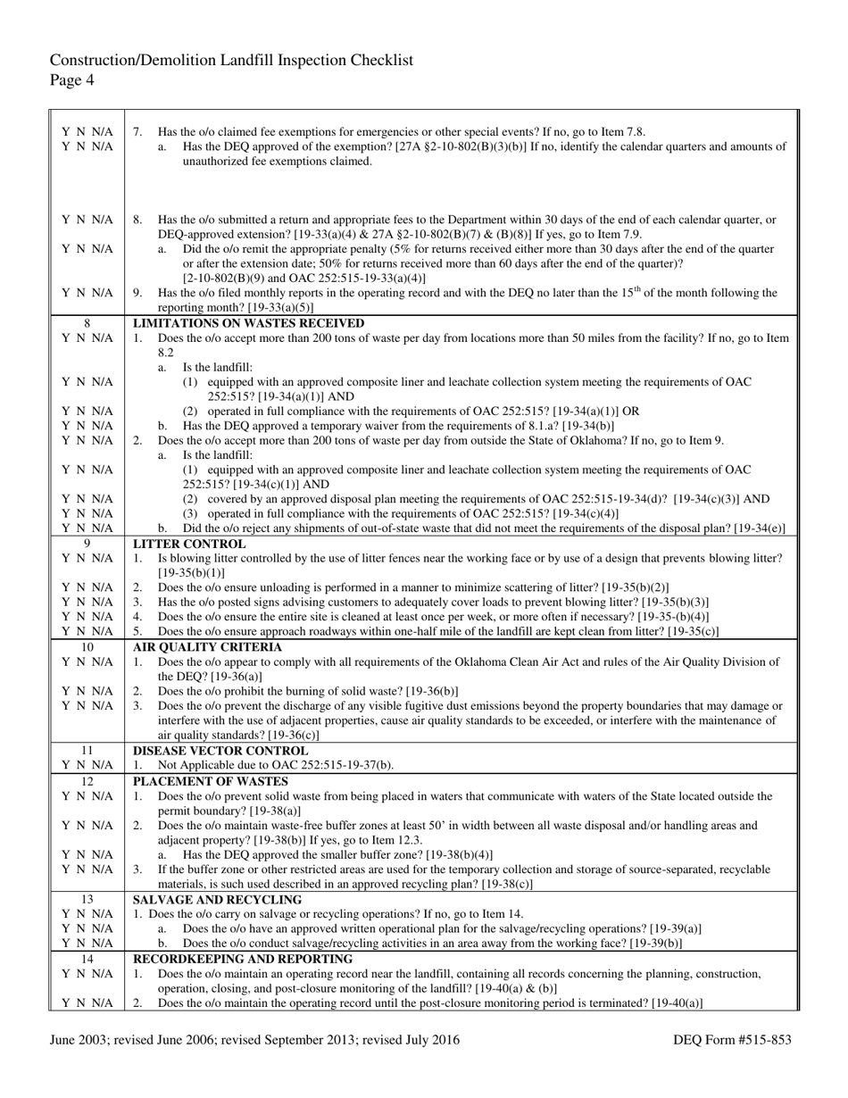 DEQ Form 515-853 Construction / Demolition Landfill Inspection Checklist - Oklahoma, Page 4