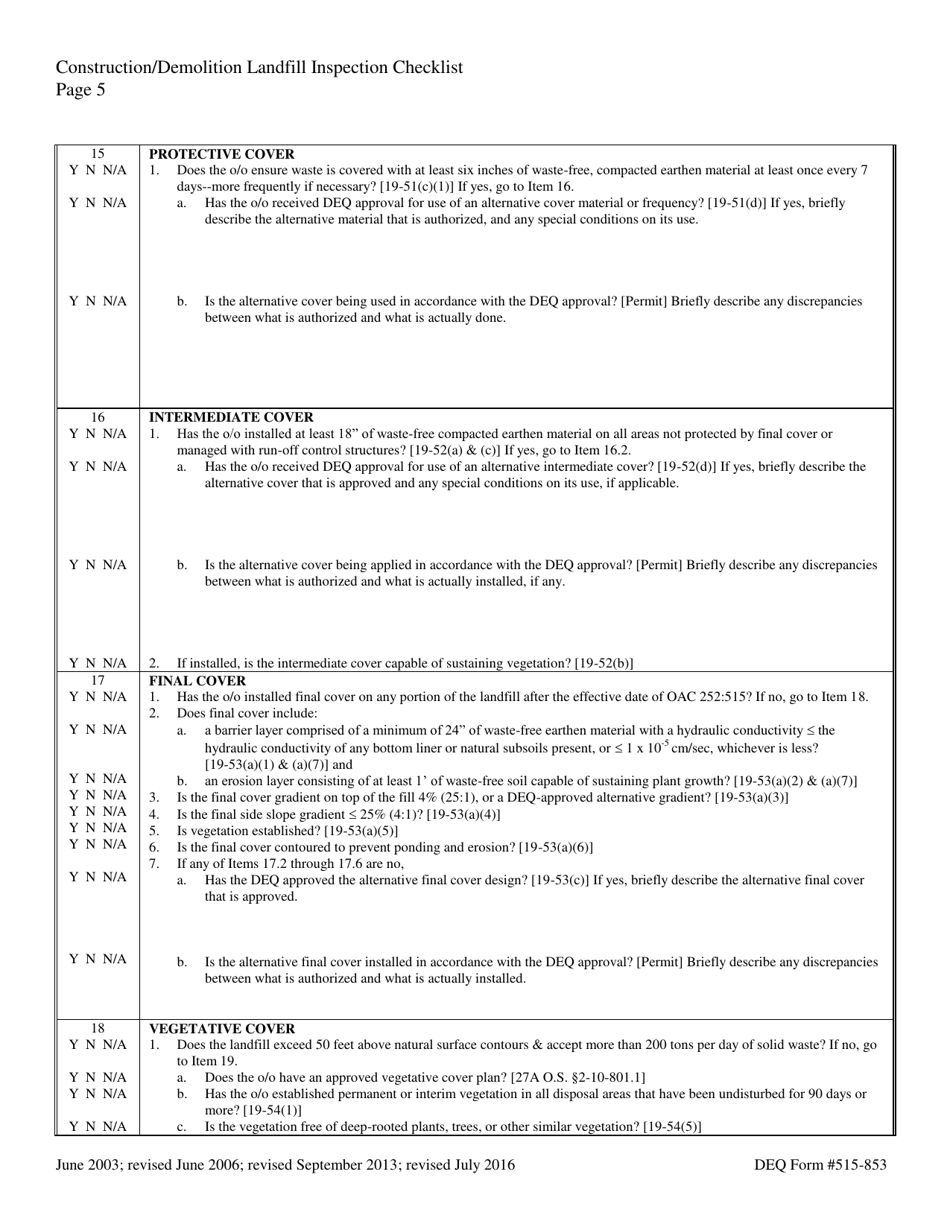 DEQ Form 515-853 Construction / Demolition Landfill Inspection Checklist - Oklahoma, Page 5
