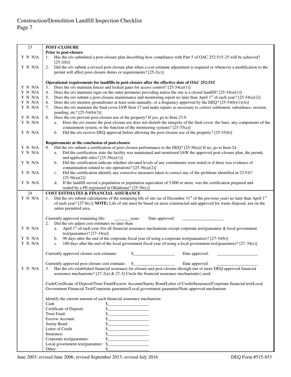 DEQ Form 515-853 Construction / Demolition Landfill Inspection Checklist - Oklahoma, Page 7